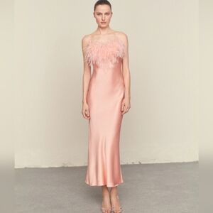 Mango Satin dress with feather detail